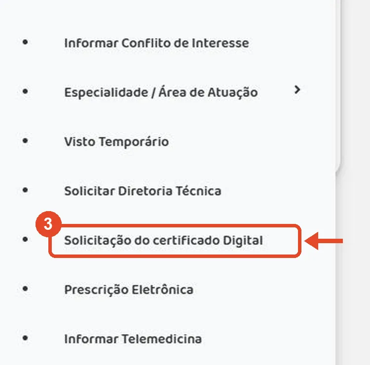 Menu do CRM Virtual com o item Solicitação do certificado Digital marcado