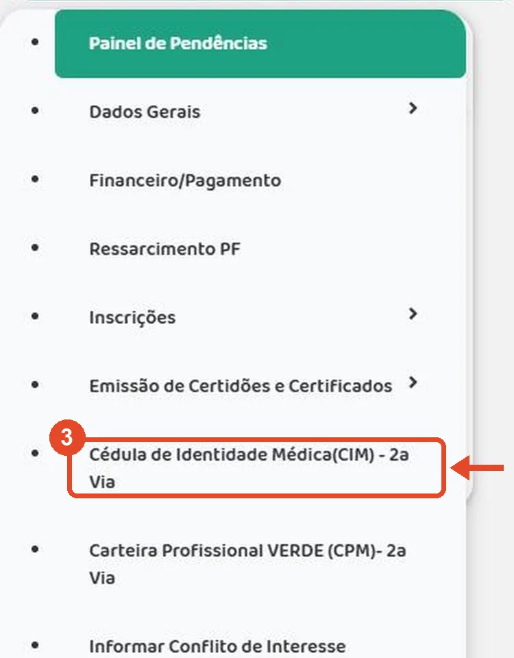 Menu do CRM Virtual com o item Cédula de Identidade Médica 2a Via marcado