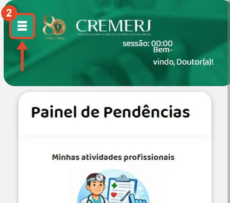 Tela do CRM Virtual com o botão de menu marcado no canto superior esquerdo